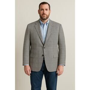 Samuelsohn Classic Glen plaid sport Coat Silk wool Blazer Gray White 44 Tall